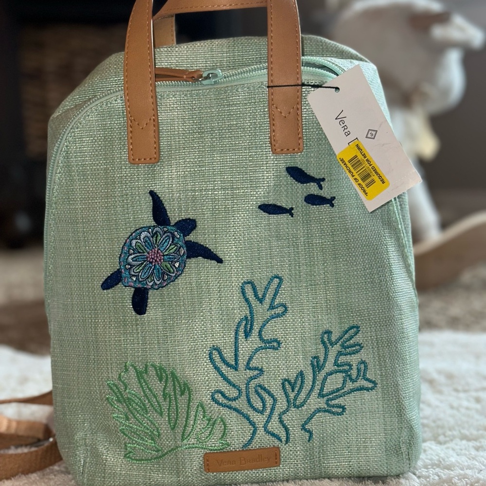Vera Bradley Mint Green Turtle Embroidered Backpack with Tan Handles